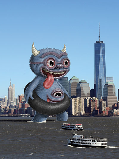 Blue monster wearing tube while walking in the water near Manhattan