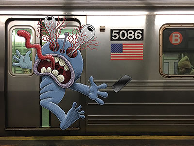Rubin's blue monster with bulging eyes caught in the subway B door