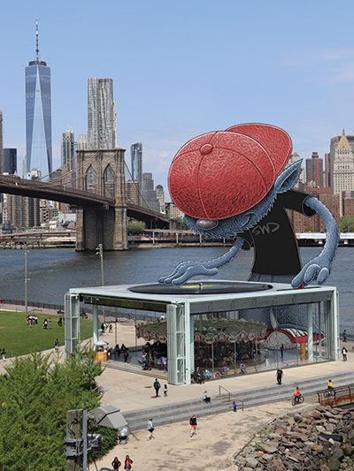 Blue monster DJ with a backwards red cap plays a record on top of a carousel in New York City