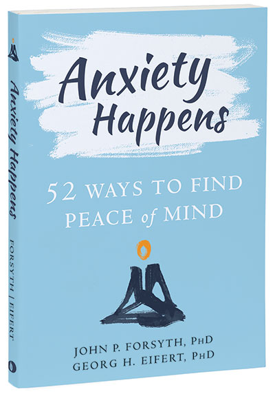Blue book cover for Anxiety Happens 52 Ways to Find Peace of Mind