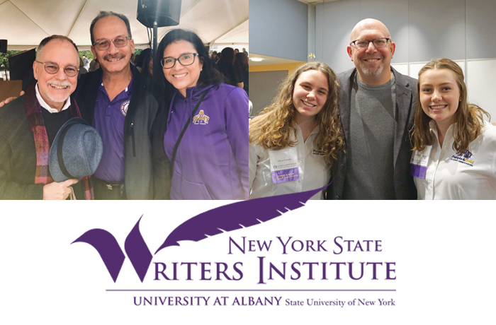 Gregory Maguire poses for a photo with President Havidan Rodriguez and his wife Rosy. Marc Guggenheim takes a photo with two UAlbany students at an event.