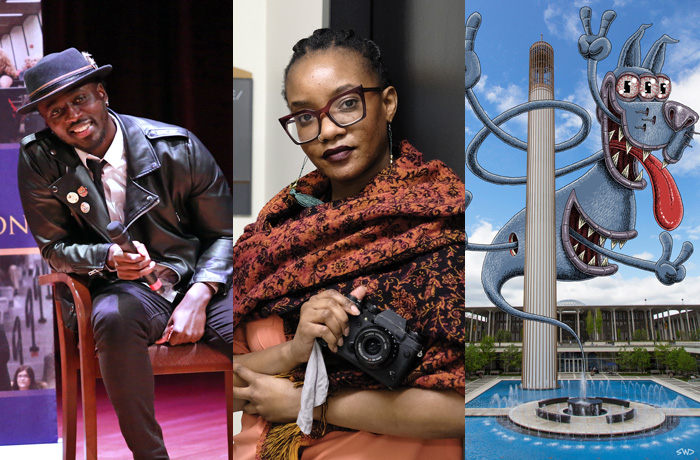 Nana Kwame Adjei-Brenyah, Melissa "Bunni" Elian and the Subway Doodle's blue monster on UAlbany's campus