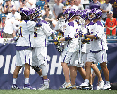 UAlbany men's lacrosse celebrate