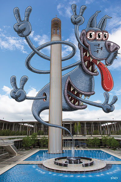 A blue monster doodle wrapped around the Carillon above the main fountain