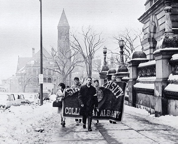 UAlbany penants in purple and gold