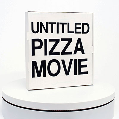 Plain white pizza box with Untitled Pizza Mobie text.