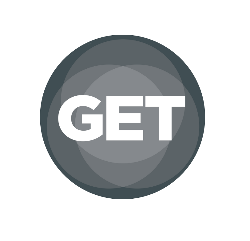 small grey circle logo with GET in white