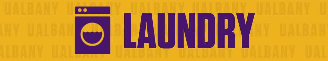 Laundry services quick link button. Purple text with purple washing machine icon on gold background. 