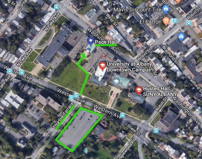map showing Page Hall and the parking lot on Thurlow Terrace