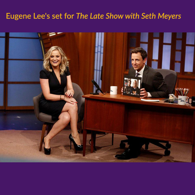 Eugene Lee's set for The Late Show with Jimmy Fallon includes a miniature replica of the Manhattan skyline made entirely of wood.