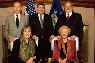 Standing: William Kennedy, Interim UAlbany President George Philip, Donald Faulkner. Seated: Mary Gordon and Jean Valentine