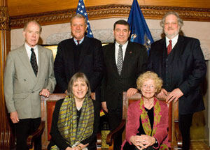 Standing: William Kennedy; Chairman SUNY Board of Trustees Carl Hayden, George Philip, Donald Faulkner