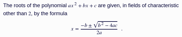 image of quadratic polynomial with formula for roots