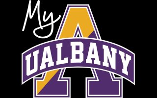 purple and yellow logo with the word "my" above the word "UALBANY" superimposed over a large "A"